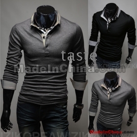 Wholesale -2013- men's t-Shirts Slim Korean Long sleeve men t shirts  lapel shirt overshirt  Black/grey 