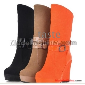 Wholesale -Leather boots, black, beige, orange, Boots female slope with snow boots women's boots