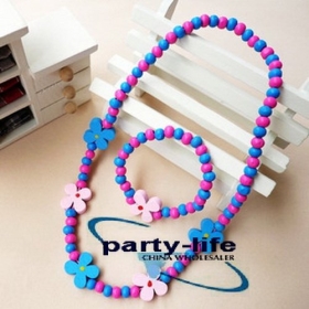 Kawaii Colourful Wooden Necklace & Bracelet Set For Kids Blue flower 35sets/lot,Free shipping 