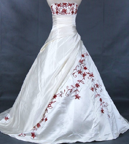 Ivory red embroider satin Wedding bride gown Dress