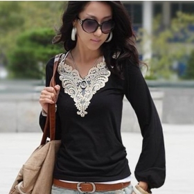 Free Shipping Crochet Puff Sleeve Base T-shirt Black Womens Shirts Long Sleeve Blouses Tops Hot Sale Y10091706