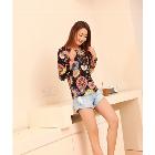 2013 Free Shipping Womens Gorgeous Flowers Printed Chiffon Blouse Black LY13031003
