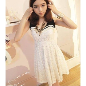 Free shipping Womens dresses Sexy Color Block Collect Waist  Dress White ZX12062705