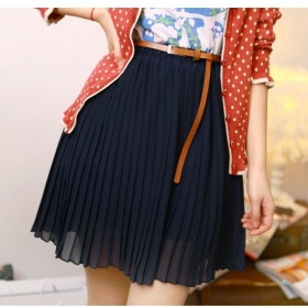Free Shipping Retro Hight Waist Elastic Chiffon Skirt With Belt Navy LM12040102-3
