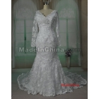 White Custom  elegant mermaid satin  long sleeve  up Wedding Dress with handmade flower