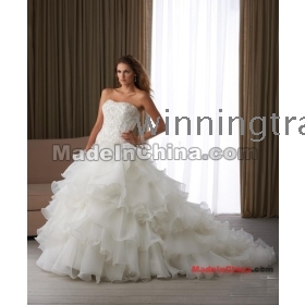 Wholesale - Custom- Organza, Tulle strapless Chapel train zipper up Beading bride Wedding Dress
