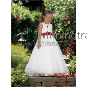 2012 Lovely A-line Sleeveless Satin Organza Floor length Flower Girl Dress with red sash