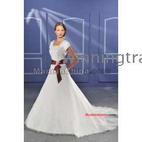  2012 Satin &Organza  Custom- A-Line Short Sleeve Square Neckline Applique Waistband Court Train  Wedding Dress
