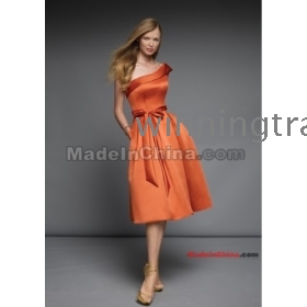 2012  Satin  One Shoulder Tie Waist Orange  Length Bridesmaid Dress