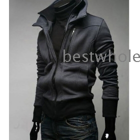 Wholesale - - Stylish double collar jacket men's Double zipper Slim jacket men's Zipper cardigan Coat .#09
