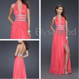 Beautiful  Low Cut V Neck  Front Slit Chiffon Backless  Halter Prom Gown Dress