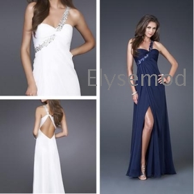  Beaded Feature Floor Length Front Slit Navy One Shoulder Arabic Prom Dresses