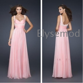Free Shipping Comfortable  Straps Beaded Details Chiffon Pink Custom  Evening Gown Prom Dress