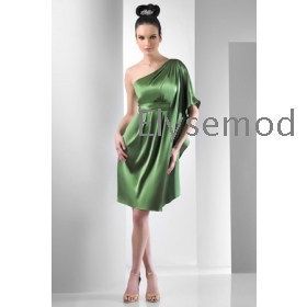 A-Line Knee Length Charmuese One Shoulder Kimono Sleeve Short Cocktail Dress Bridesmaid Dress
