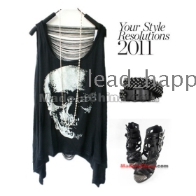 Free Shipping fashion women summer clothing Street punk style loose skull fringed vest T-shirt 9857