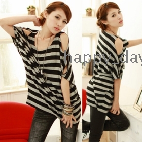 Free Shipping women's summer fashion Striped strapless loose short-sleeved tops T-shirt 2083