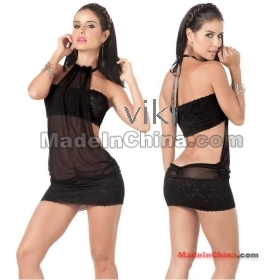Hot sale Sexy Lingerie babydoll  Halterneck Clubwear Dress Mini Skirt Matching G-string included 022