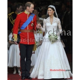  A-line V-neck  Satin Royal Length Train 2M Sweep Wedding Dress by Kate Middleton 