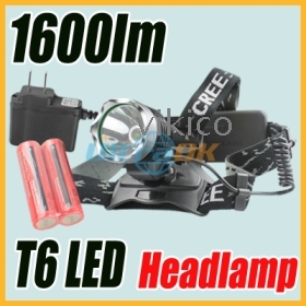 1600 lumens CREE XML  LED Headlamp headlight Head  Lamp Flashlight 3-mode black Aluminum+ AC Charger+ 2x 3000mAh 18650 Battery new free shipping