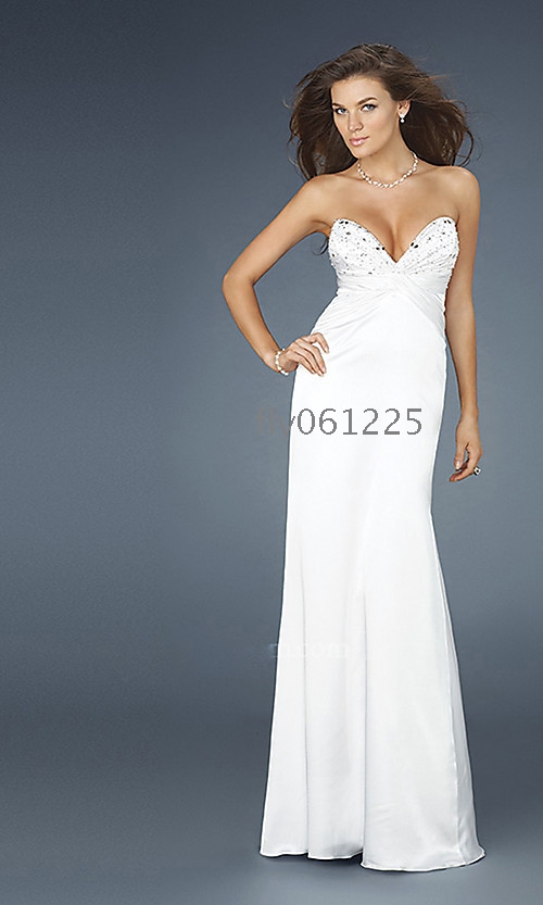 white strapless evening gown