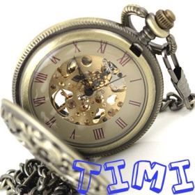 Mens Modern Skeleton Pocket Watch Archaized Carving New 
