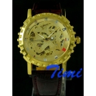 Golden Mens Automatic Watch Full Skeleton Leather Super     