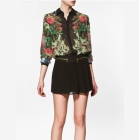 Free Shipping new Fashion Popular scarf flower print chiffon shirt long-sleeved shirt flowers crepe blouse Size:XS-XXL Free Shipping