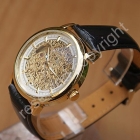Free Shipping Luxury Mens Auto Watch, Gold Tone Skeleton Leather Men's Watch(A383)
