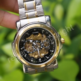 Man Black Gold Dial Stainless Steel Skeleton Automatical Mechanical Mens Watch(A211)