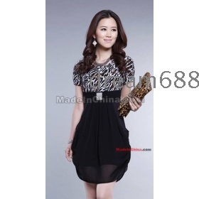  Women's summer snow leopard grain han edition dress short-sleeved dress fair maiden dress M L XL XXL