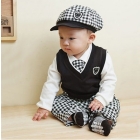 Free shipping 5set  suit long-sleeve plaid Boy suits Hat+pants+shirt+vest+tie