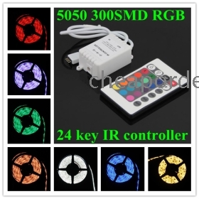 20pcs Waterproof free shipping 5Meters 5050 300SMD flexible RGB led light strip 12V DC 72W 60leds/M home decorations with 24 key IR controller-cheaporder