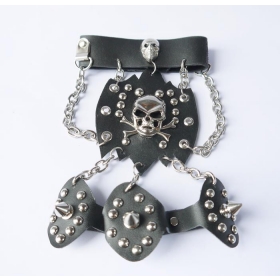 Free Shipping #2002 Punk Style Genuine Leather Alloy Skull & studs Spikes Mens Wristband With Chain
