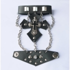 Free Shipping #6003 Punk Style Genuine Leather Alloy Skull Cross Mens Wristband With Chain