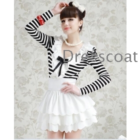 The new spring fair maiden black and white stripe falbala bowknot skirt T