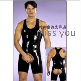 New arrival man leather underwear vest type conjoined twin shorts sexy open fork tight skin 
