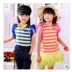 Children's clothing series feifei sleeve into holiday color stripe girls joker coat T-shirt 2 color  