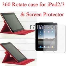 10pcs/lot For i pad2/3 stand case and screen protector, 360 degree rotateing PU leather case, i pad2/3 cover case,  screen guard