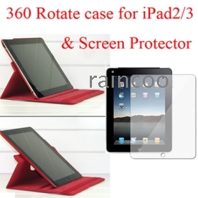 For i pad2/3 stand case and screen protector, 360 degree rotateing PU leather case, i pad2/3 cover case, tablet PC stand case, screen guard