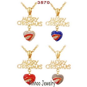 Fashion inlay rhinestone heart style christmas jewelry alloy pendants necklaces,gold plating.pendant size:39*41mm,chain length:700mm, packaging:opp bag.3570