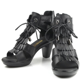 Leather with Taiwan is high struck with tassel cowhide fish mouth cowhide female LS6017 sandals