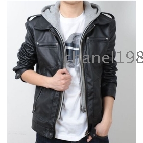 2010 New Slim PU leather jacket coat /Hooded leather/Double zipper 