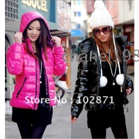 Fashion Celebrity Lady down coat , Women Short down coat jacket , Winter Hood Glossy Jacket Outwear Free Shipping/ Black,Pink Size:S, M,L,XL