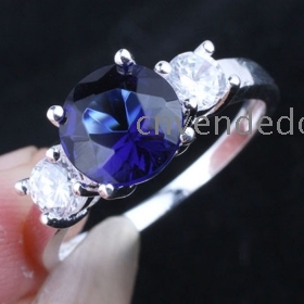 Unique Women'S Cocktail Silver Ring Round Blue Sapphire Yin Sz 8 Jv7358 Fashion Birthday Stone Rings