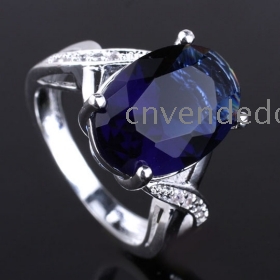 Luxury Style Lady Cocktail Silver Ring Oval Blue Sapphire Seated Yin Sz 7 Jv7347 Jewelry Party Wear