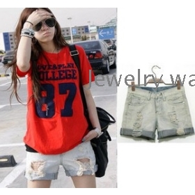 The hole flanging torn jeans short pants pants women's new boots
