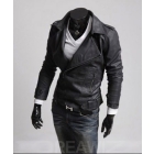 New Fashion Korean Large lapel oblique  zipper jackets men's Slim leather jacket coat overcoat 5 Brown, black M L XL