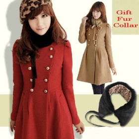 Free shipping Winter new Korean ladies jacket woolen overcoat womens Slim long-sleeved  double-breasted fur collar coat