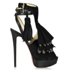 Brand New women's Black wool waterproof bandage fringed sandals Red sole high heels