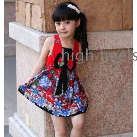 Summer female children's wear dress son silk nyujhong big boy printing national wind vest skirt barak barak wind          
